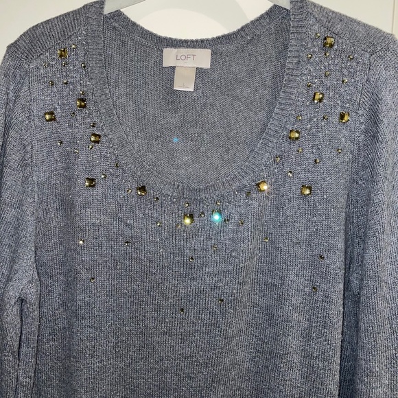 LOFT Embellished Jeweled Collar Gray Sweater - Picture 3 of 8